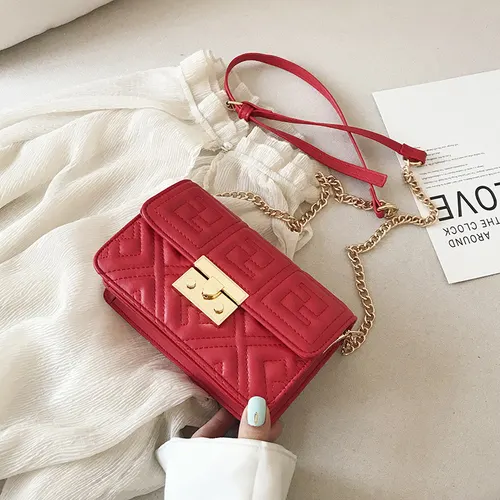 Fashion One shoulder Messenger Chain Bag, Embroidery Thread Rhombic Temperament Girl Small Square Bag Red - Shop at LoveMi