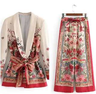 Autumn Women's New Casual Suit Jacket With Belt Printing Wide-leg Pants Suit - Set