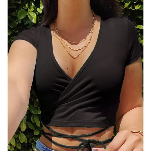 Summer European And American New Style Women's Stand alone Fashion Sexy Solid Color V neck Short sleeved Tie Small T shirt Black - Shop at LoveMi