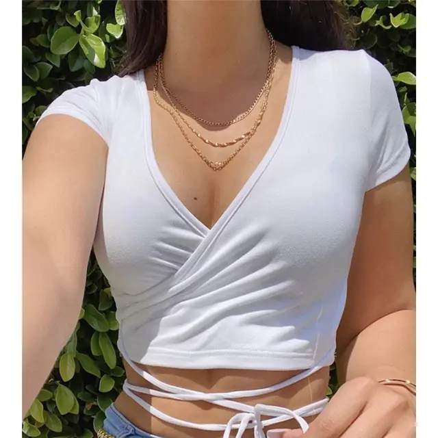 Summer European And American New Style Women's Stand alone Fashion Sexy Solid Color V neck Short sleeved Tie Small T shirt White - Shop at LoveMi