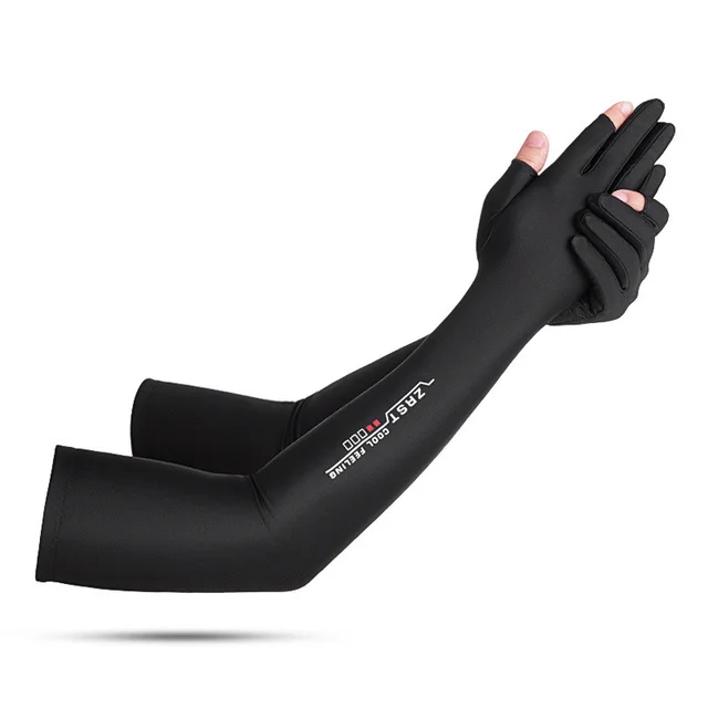 Sunscreen Gloves Arm Protection Summer Ice Silk Sleeve Driving Anti Slip Meituan Rider Half Finger Long Gloves Ladies Black - Shop at LoveMi