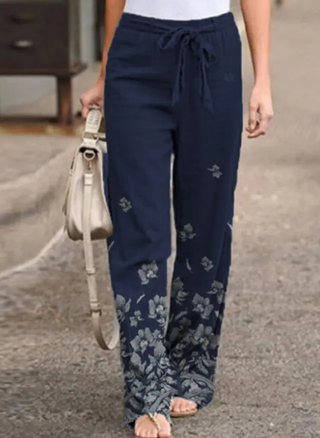 Floral print Belted Cotton And Linen Trousers Dark Blue - Shop at LoveMi