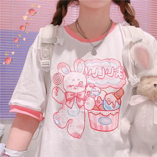 Summer New Mini Soft Girl Cartoon Rabbit Print Short Pink - Shop at LoveMi