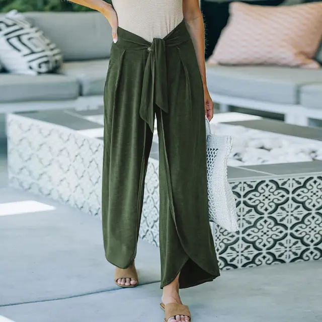Women's Casual Loose Knit Belt Tie Casual Knitted Trousers Army Green - Shop at LoveMi