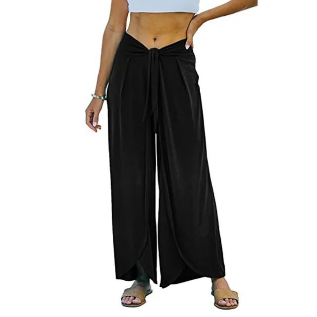 Women's Casual Loose Knit Belt Tie Casual Knitted Trousers Black - Shop at LoveMi