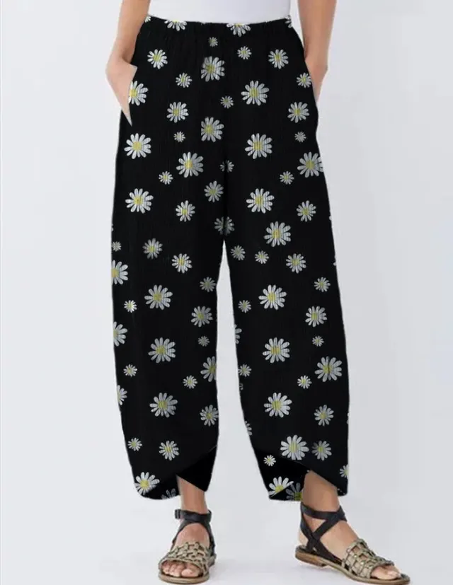Women's Daisy Flower Print Elastic Waist Cotton And Linen Casual Pants Black - Shop at LoveMi