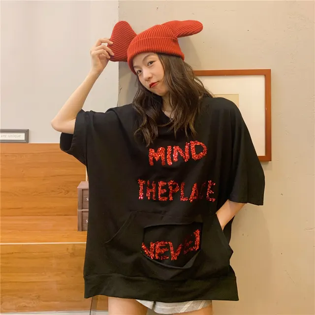 Letter Sequined Back Split Irregular Age reducing T shirt Black - Shop at LoveMi