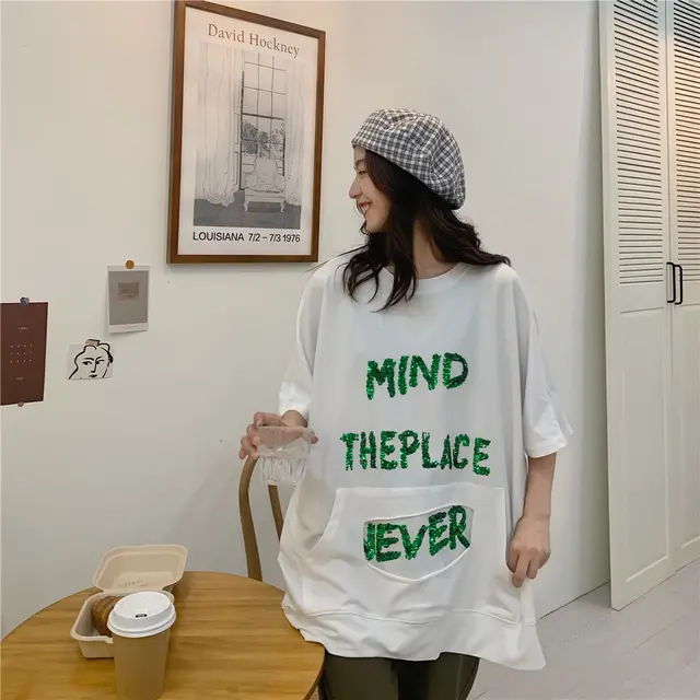 Letter Sequined Back Split Irregular Age reducing T shirt White - Shop at LoveMi