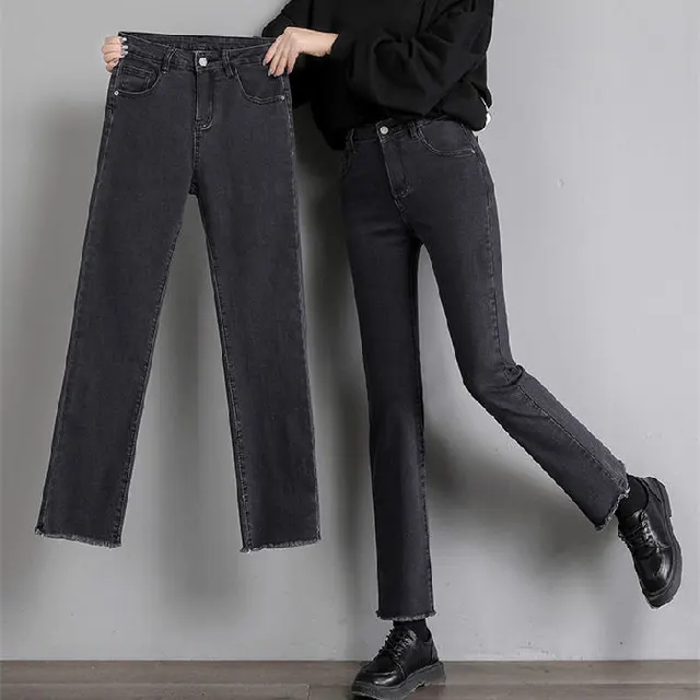 High Waist Slim Black Straight leg Pants Cropped Jeans Black Grey - Shop at LoveMi