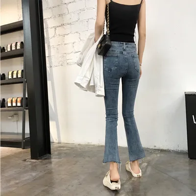 Flared Pants Net Celebrity Women's Nine point Wide leg Jeans Trend Light Blue - Shop at LoveMi