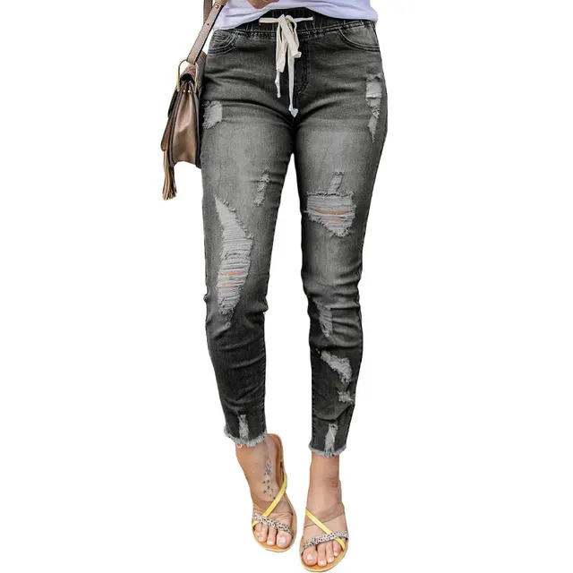 Women's High Waist Ripped Elastic Waist Jeans Grey - Shop at LoveMi
