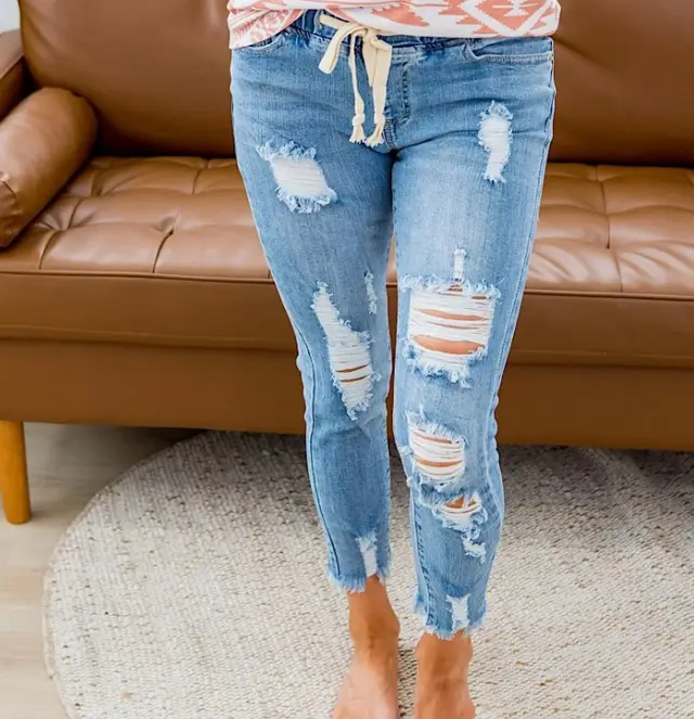 Women's High Waist Ripped Elastic Waist Jeans Light Blue - Shop at LoveMi