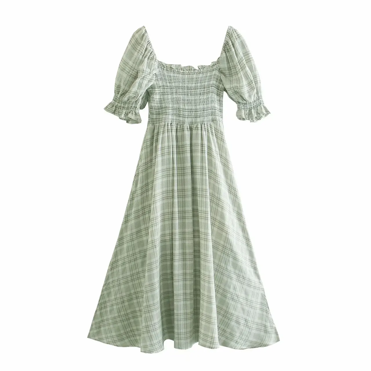 Temperament Self-cultivation British Style Generous Collar Puff SleeveBack Flowing Long Skirt - Green