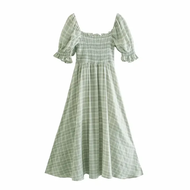 Temperament Self cultivation British Style Generous Collar Puff SleeveBack Flowing Long Skirt Green - Shop at LoveMi