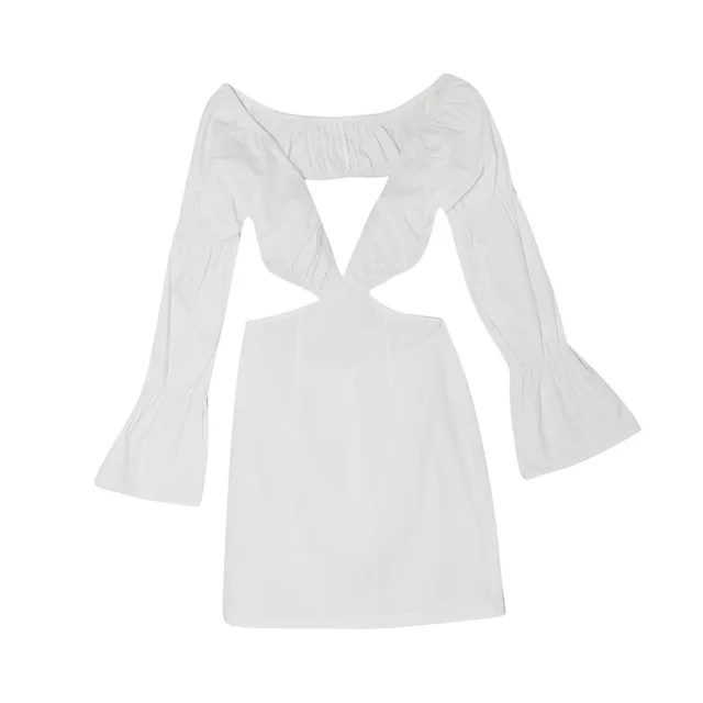 V neck Back Puff Sleeve Short Skirt Temperament Long Sleeve Dress White - Shop at LoveMi