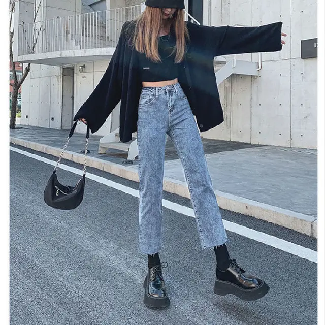 High Waist Slim Black Straight leg Pants Cropped Jeans Vintage Blue - Shop at LoveMi