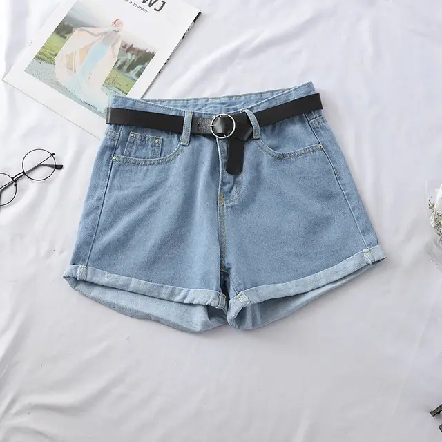 Women's High Waist Curled Denim Shorts Light Blue - Shop at LoveMi