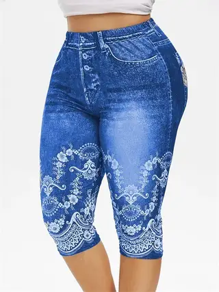 Denim Yoga Pants Jeans Leggings High Waist Capri Pants Jeggings - Light Blue