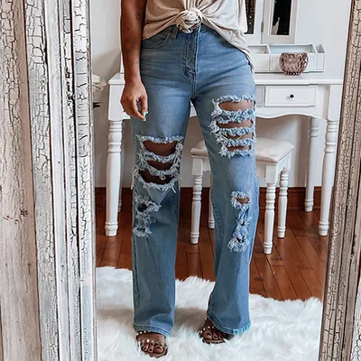 Ladies Trousers Washed And Worn Straight leg Distressed Jeans Lc781708Light Blue - Shop at LoveMi