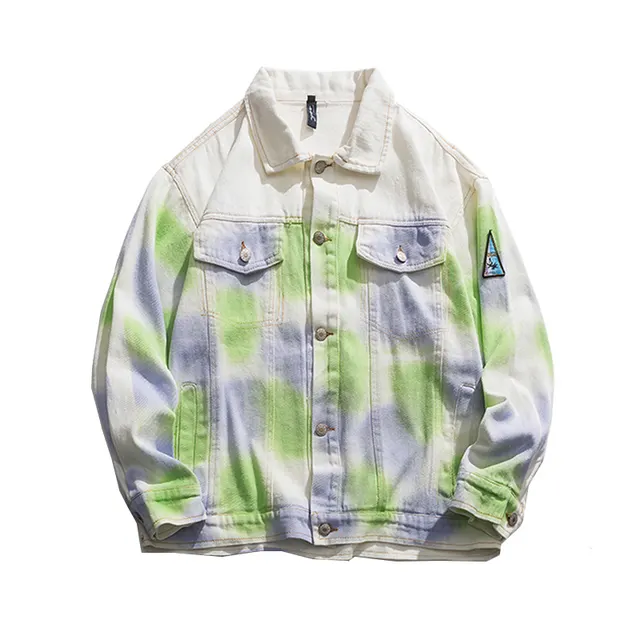 Tie dye Splash ink Lapel Jacket Loose College Style Couple All match Blouse Short Jacket Green - Shop at LoveMi