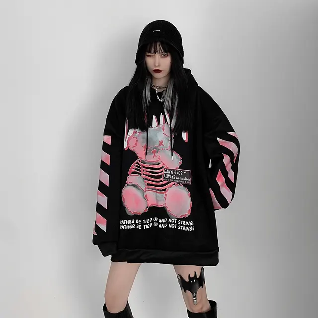 Cubs Hip hop Mid length Loose And Velvet Thick Hooded Sweater Black - Shop at LoveMi
