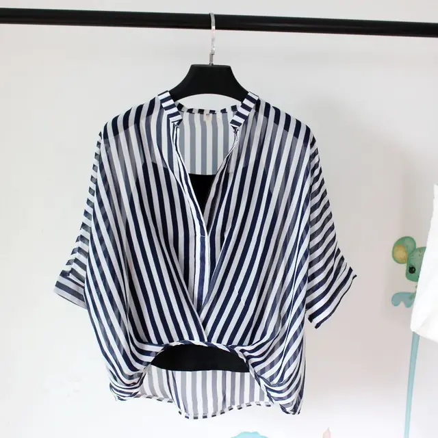 Seven point Bat sleeve Leopard print Chiffon Shirt Summer Blouse Women Blue Zebra Pattern - Shop at LoveMi