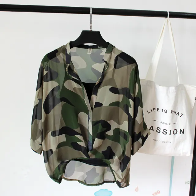 Seven point Bat sleeve Leopard print Chiffon Shirt Summer Blouse Women Camouflage - Shop at LoveMi