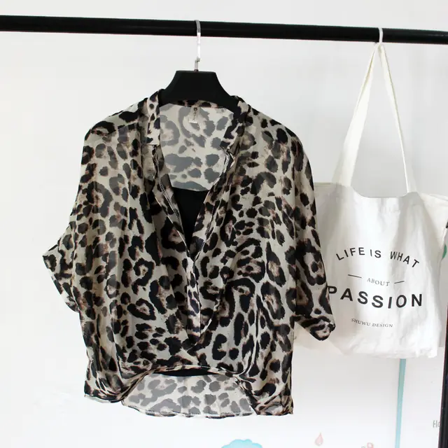 Seven point Bat sleeve Leopard print Chiffon Shirt Summer Blouse Women Yellow Leopard - Shop at LoveMi