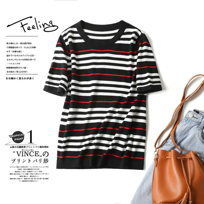 Cotton T shirt Women's Round Neck Summer Short Sleeve Loose Knit Thin Striped Contrast Color Base Shirt Top White - Shop at LoveMi
