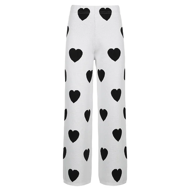 Fashion Love Contrast Knit Loose High waist Straight leg Casual Trousers Black And White - Shop at LoveMi