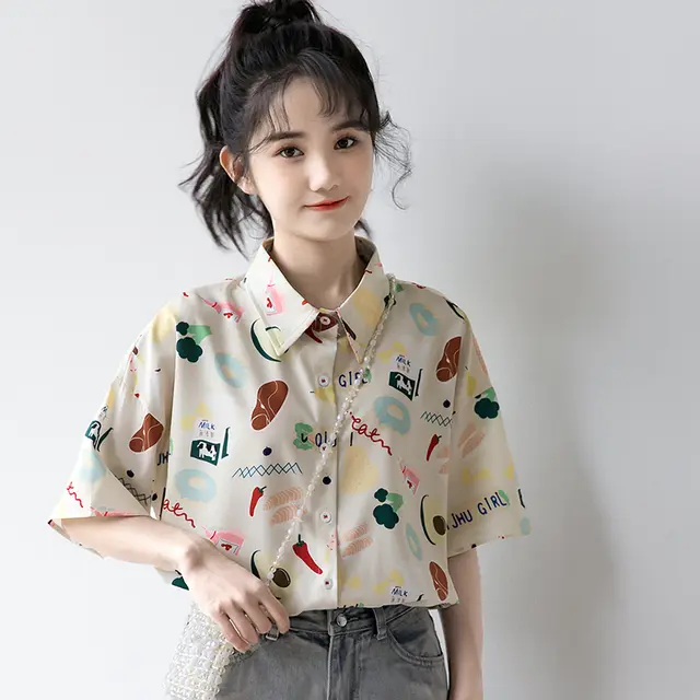 Retro Print Girl Short Sleeve Shirt Loose All match Polo Collar Shirt Student Top White - Shop at LoveMi