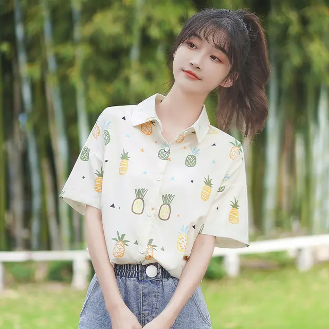 Style Summer Fruit Floral Chiffon Shirt Student Shirt Loose Short sleeved Shirt White - Shop at LoveMi