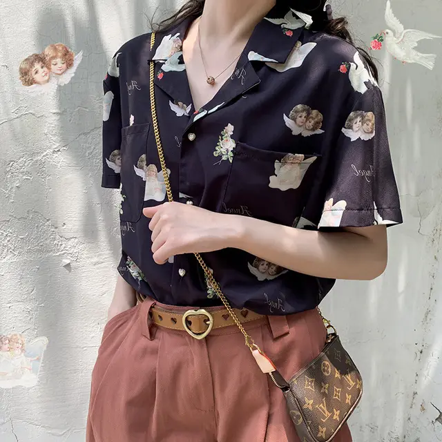 Japanese Girl Short sleeved Shirt Retro Style Design Niche Cute Angel Print Chiffon Shirt Black - Shop at LoveMi