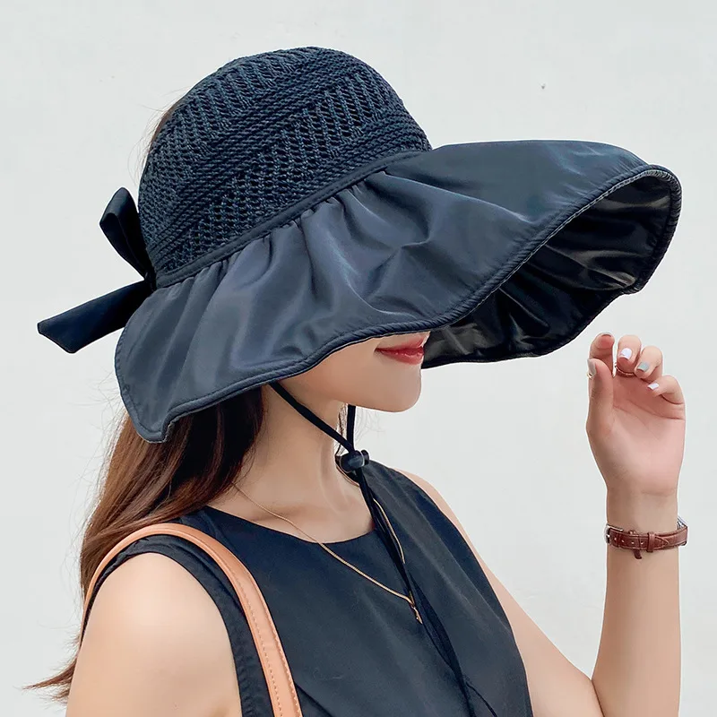 Black Rubber Beach Hat Sun Hat Female Summer Hollow Straw Hat Half Empty Roofblack - Shop at LoveMi