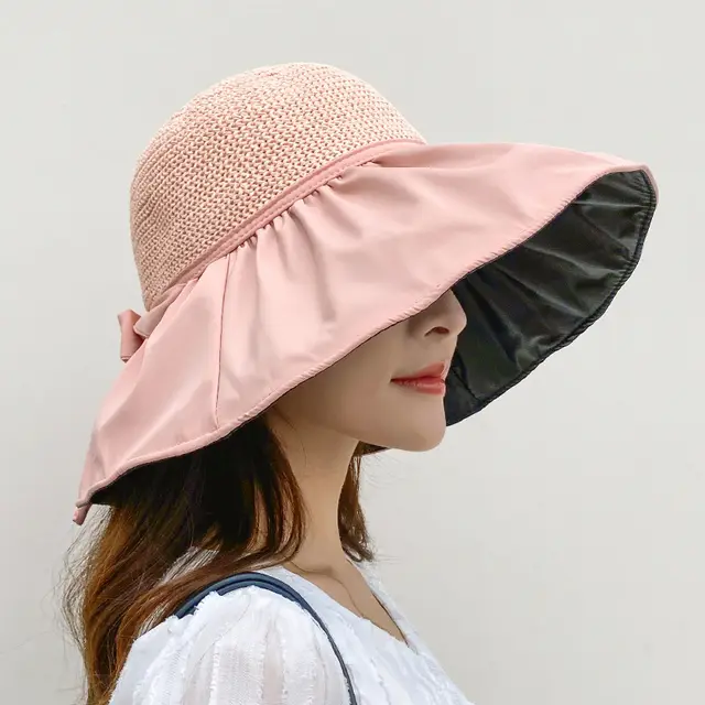 Black Rubber Beach Hat Sun Hat Female Summer Hollow Straw Hat Pink - Shop at LoveMi