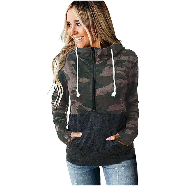 Patchwork Hooded Printed Top Loose Sweatshirt Khaki - Shop at LoveMi