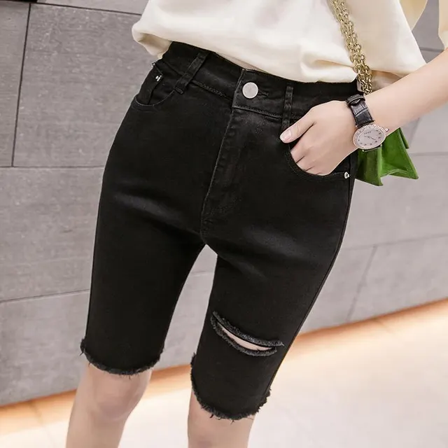Ripped Five quarter Pants Skinny Jeans Black - Shop at LoveMi