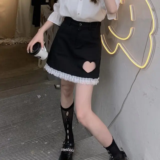 Black Lace Love Hollow Denim Skirt Female Loose High Waist Thin A line Skirt Student Black Hollow - Shop at LoveMi