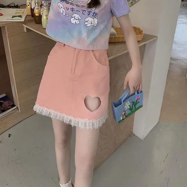 Black Lace Love Hollow Denim Skirt Female Loose High Waist Thin A line Skirt Student Pink Hollow - Shop at LoveMi