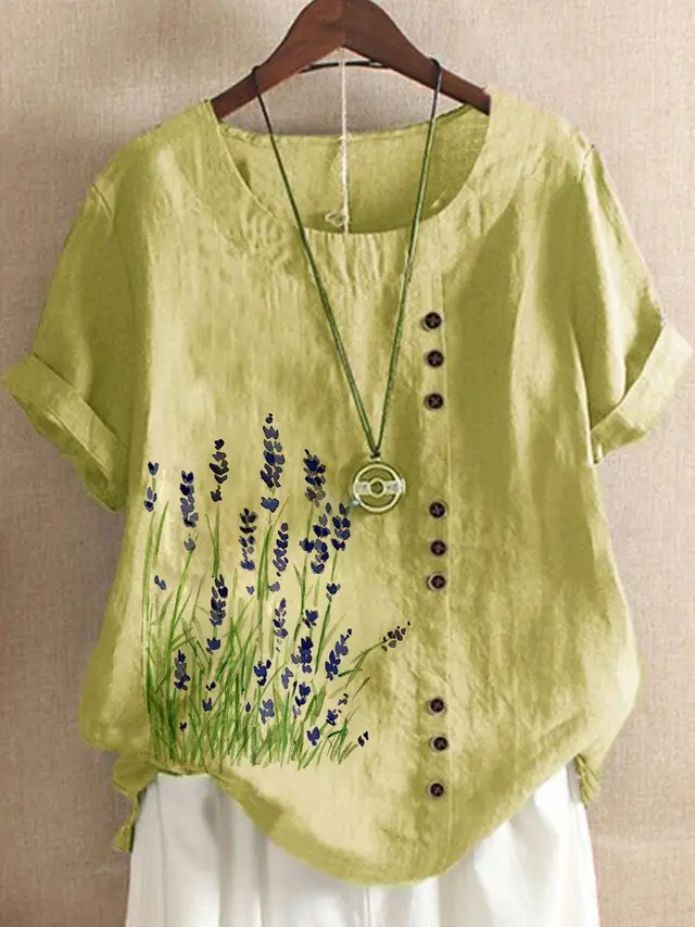 Temperament Commuter Printing Fringe Short Sleeve Pullover Flowers Yellow - Shop at LoveMi