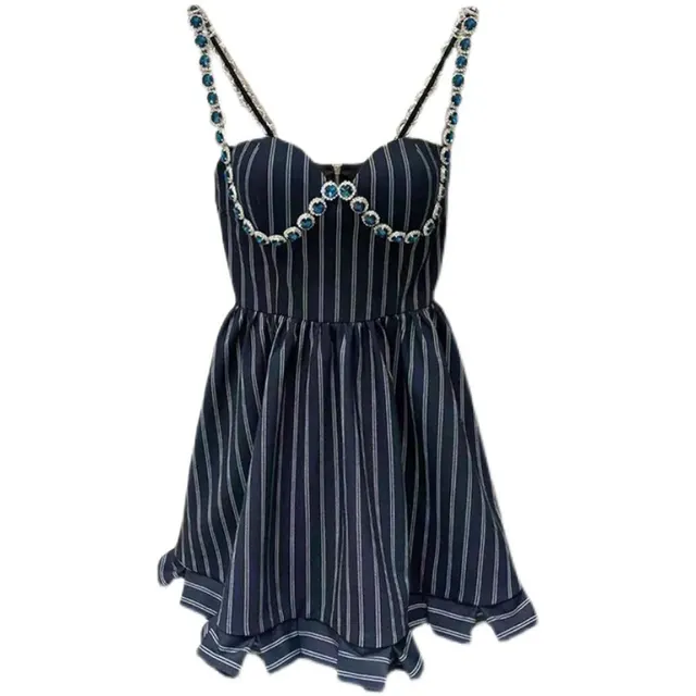 Spot Ladies Style Diamond studded Striped Halter Strap Light Luxury Waist Ruffled A line Skirt Navy - Shop at LoveMi