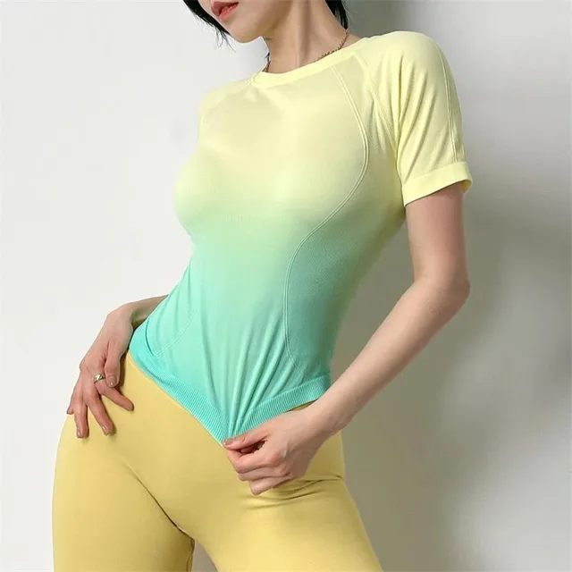 Tight fitting Sports T shirt Female Summer Gradient Color Running Fitness Quick drying Net Red Short sleeved Yoga Top Yellow - Shop at LoveMi