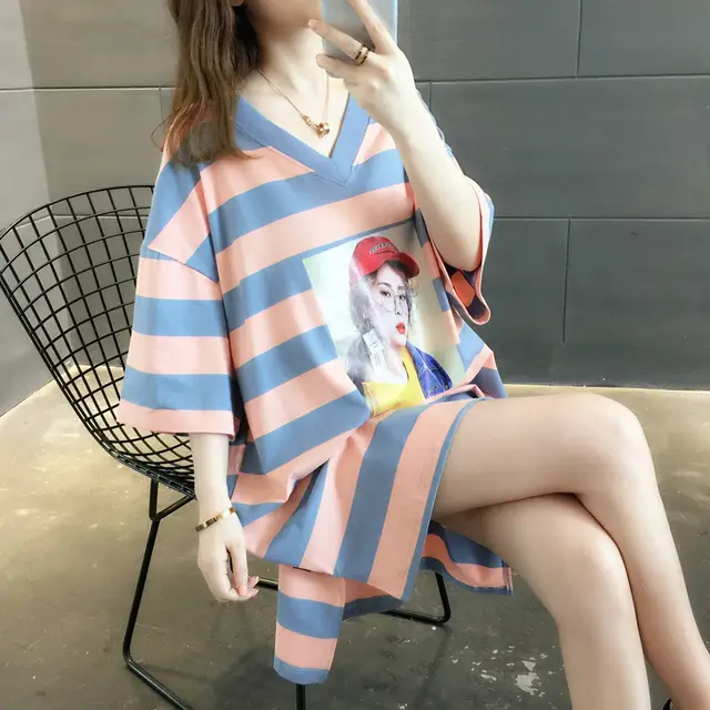 Mid length Rainbow Striped T shirt Dress For Women Pink - Shop at LoveMi