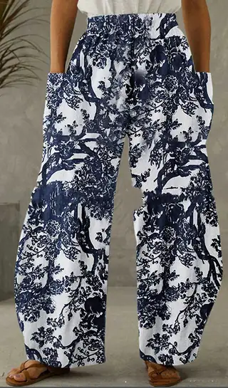 Cotton And Linen Casual Ladies Wide-leg Pants - Blue