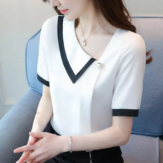 One Word Collar Short Sleeve Contrast Shirt Design Sense Female White - Shop at LoveMi
