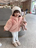 Girls Padded Fur Hooded Padded Jacket Faux Fur Top - Orange