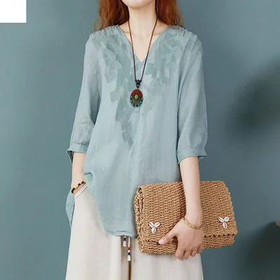 Cotton And Linen Summer Front Short Back Long Embroidered T shirt Loose Women's Top Light Blue - Shop at LoveMi