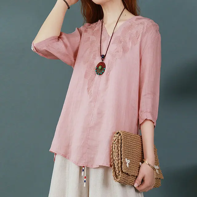 Cotton And Linen Summer Front Short Back Long Embroidered T shirt Loose Women's Top Pink - Shop at LoveMi