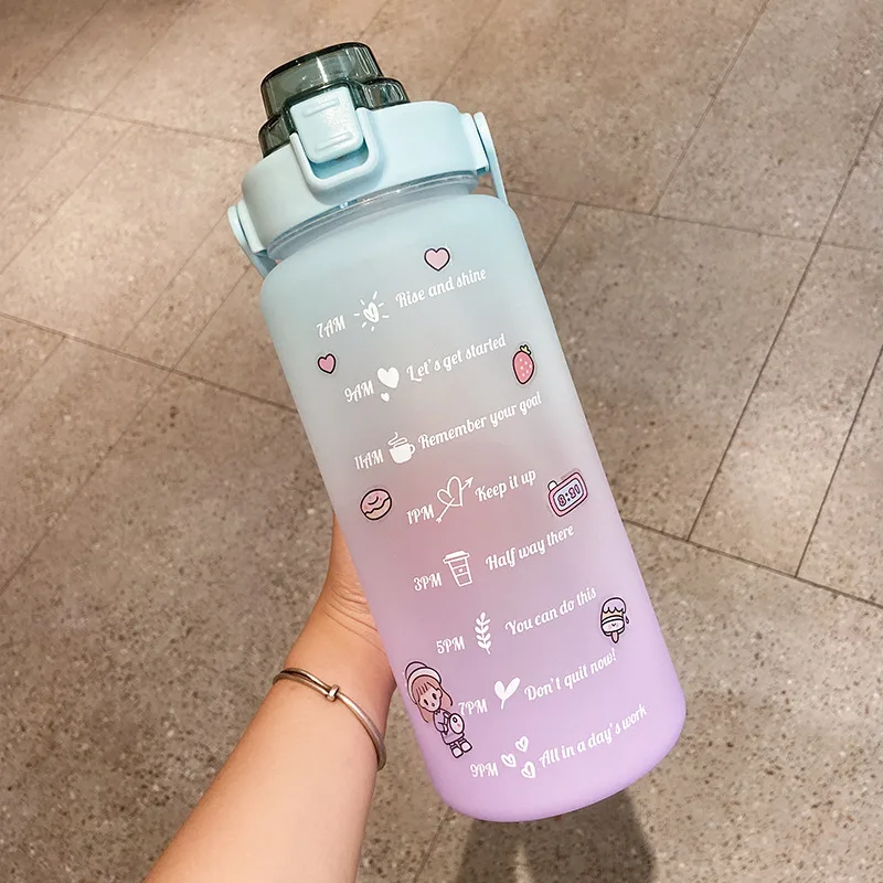 Stickers Water Bottle With Straw 2000ml Cute Portable Scale Bottle - 3Style