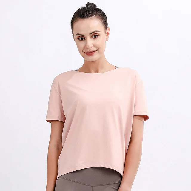 Short sleeved T shirt Summer Plus Size Loose Sports Top Women's Yoga Wear Hazy Powder - Shop at LoveMi
